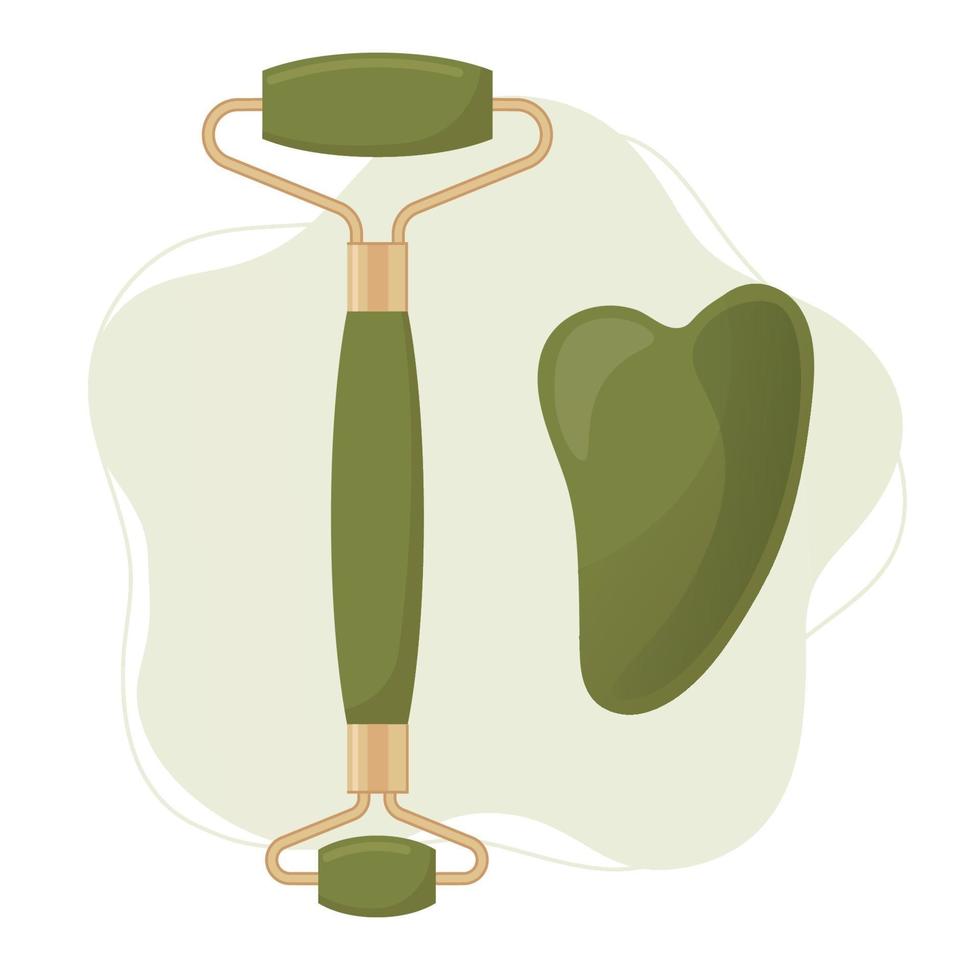 Quartz and jade face roller and gua sha scraper. Skin beauty care vector