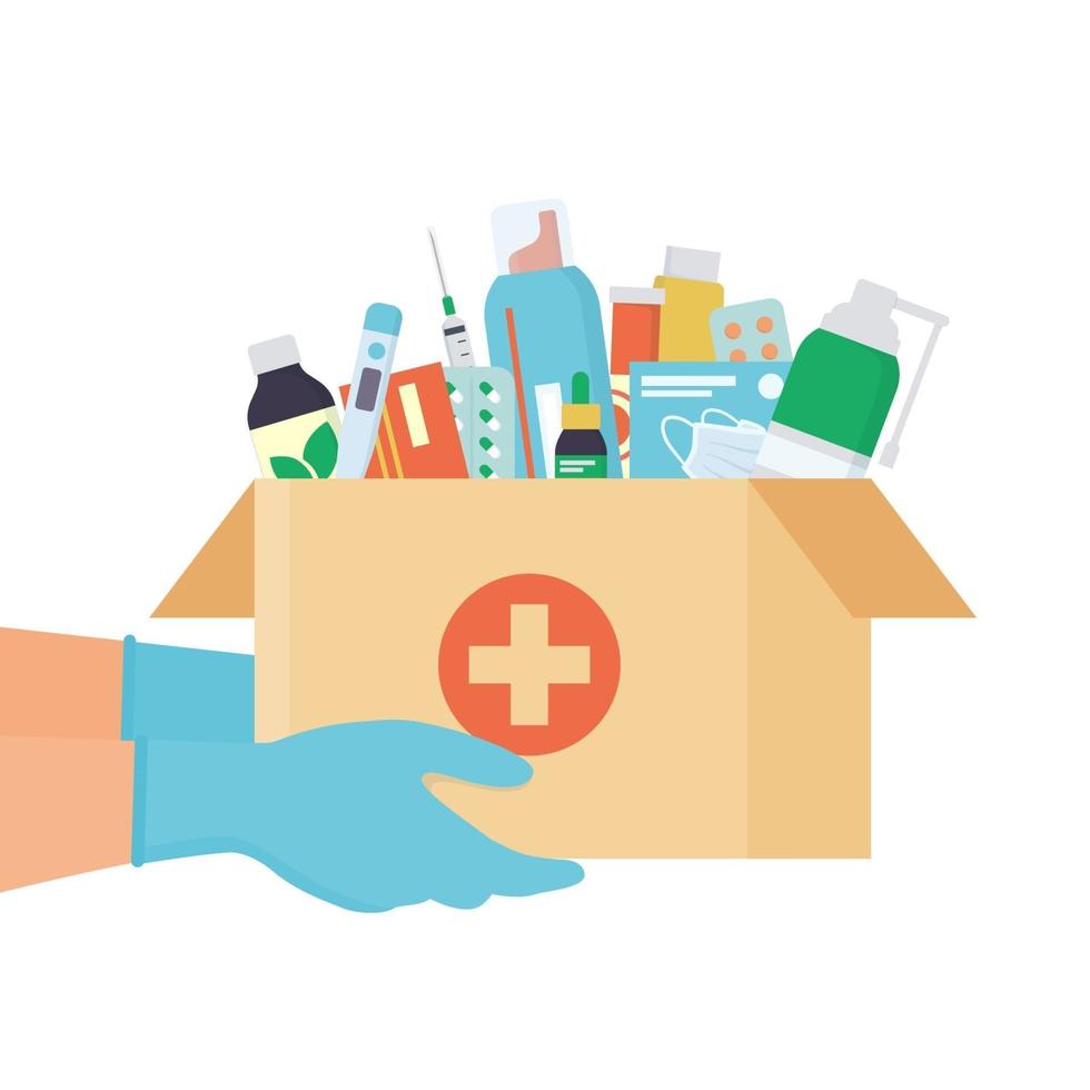 Hands in disposable gloves with box with medicines, drugs, pills vector