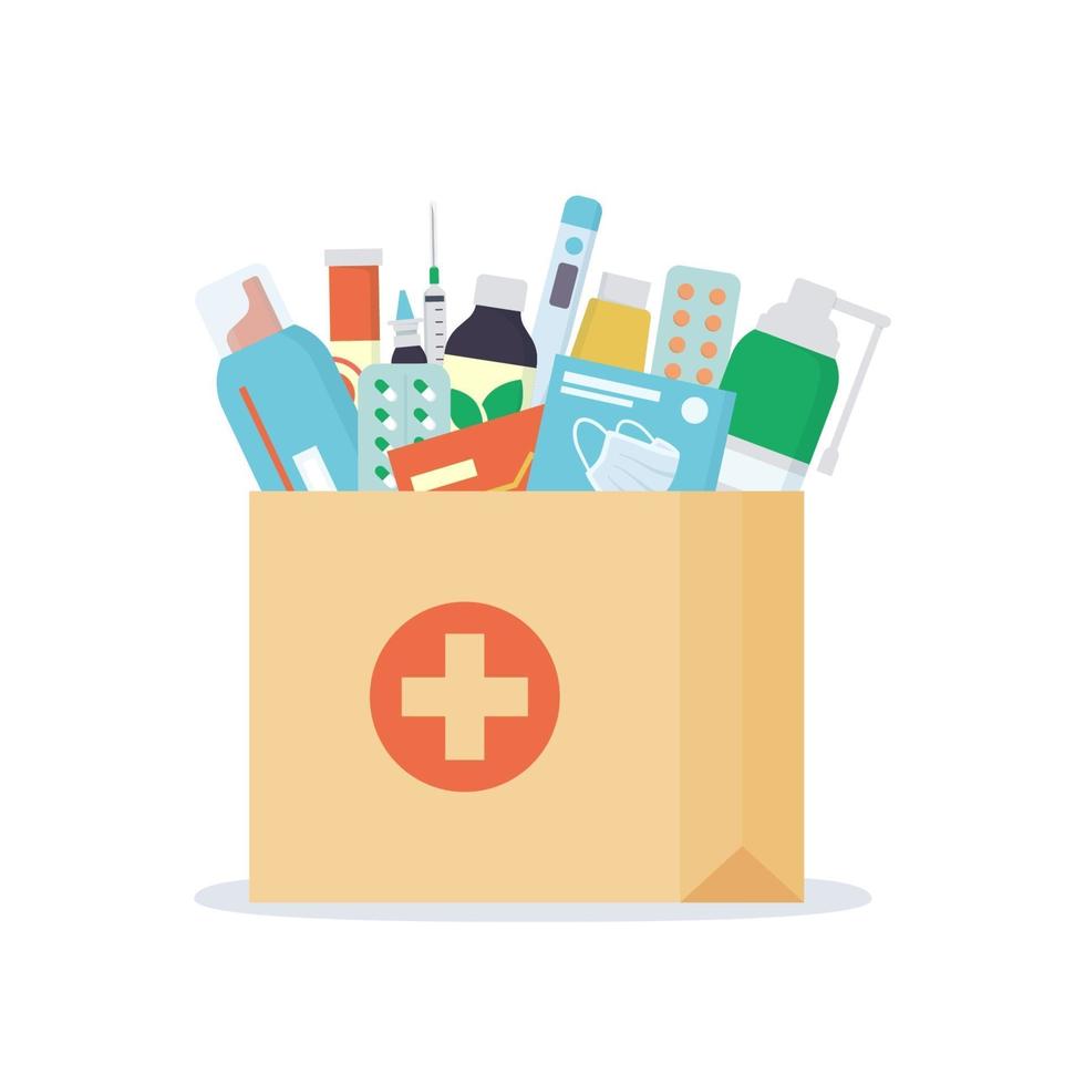 Paper bag with medicines, drugs, pills and bottles inside vector