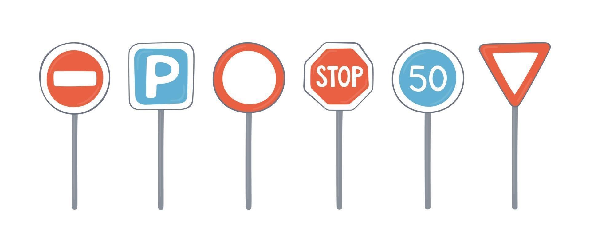 conjunto de señales de tráfico en postes. simbolos de trafico vector