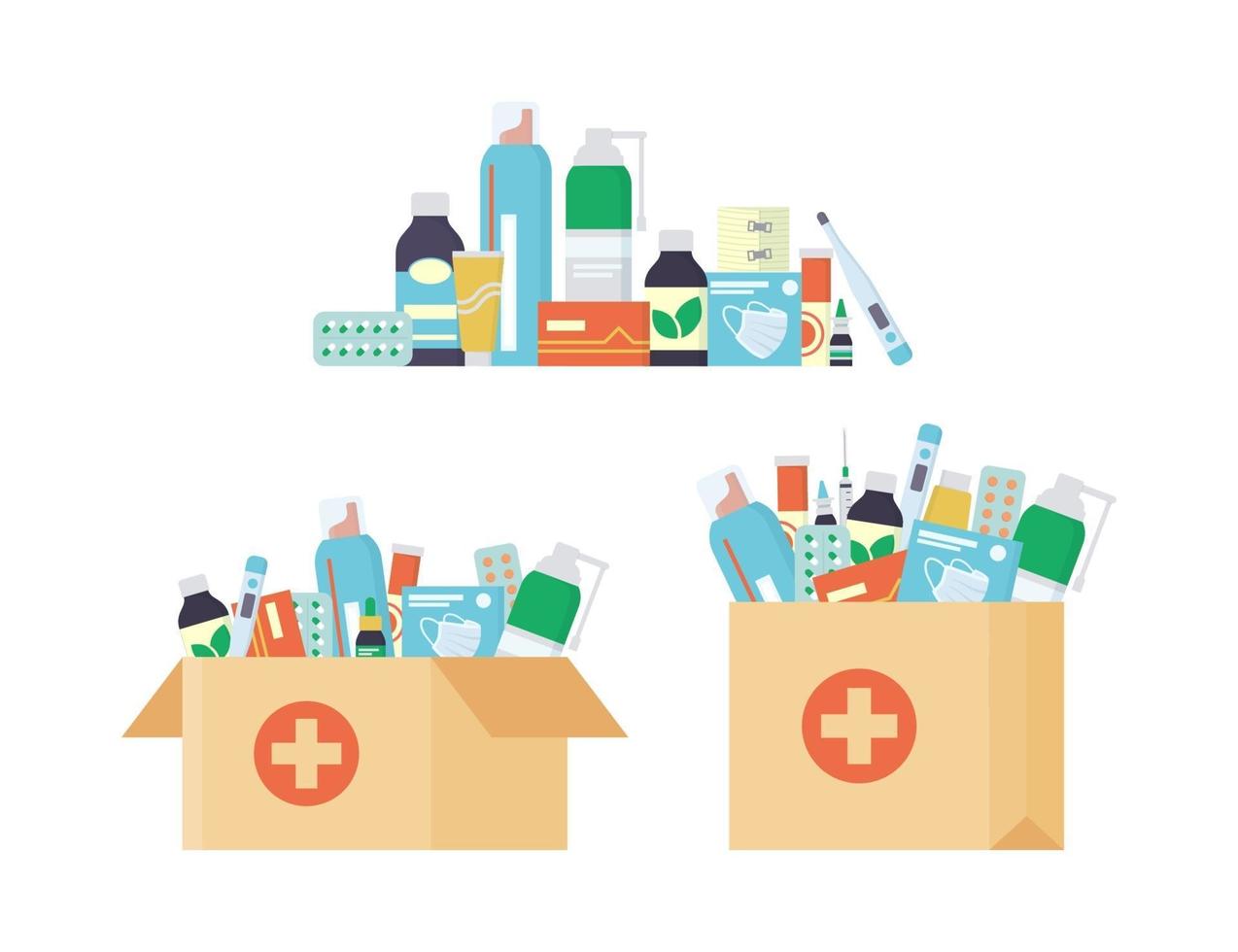 Delivery pharmacy service. Paper bag with a set of drugs and bottles vector