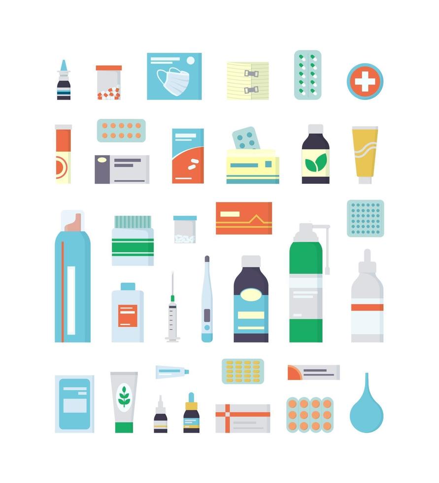 Set of medications, drugs, pills and bottles for first aid kit vector