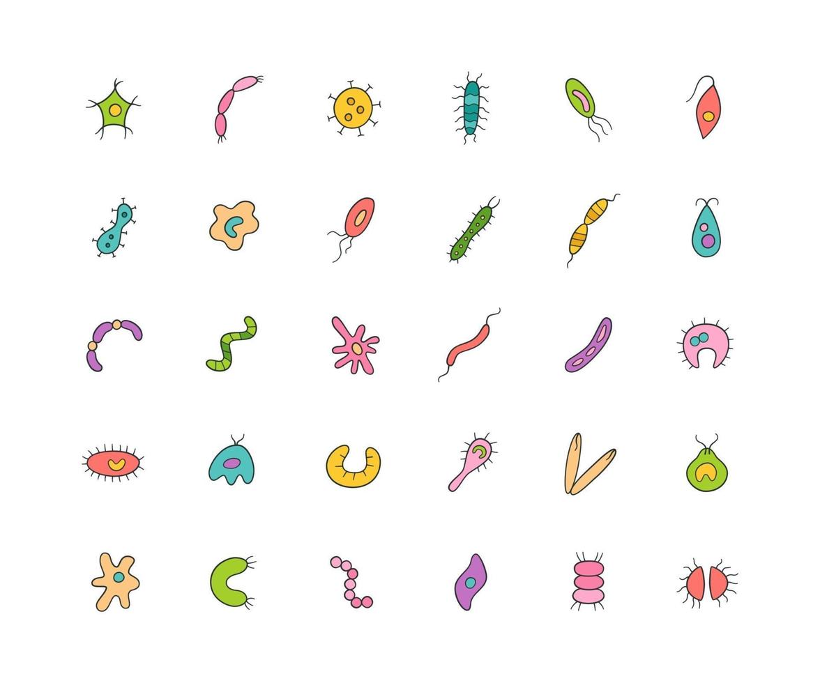 Microbes, virus, bacterias and pathogen icons colorful set. vector
