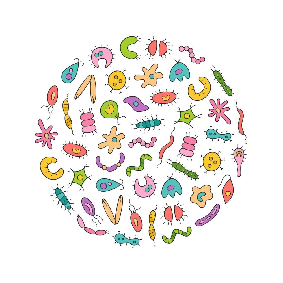 Microbes, virus, bacterias and pathogen icons colorful set. vector