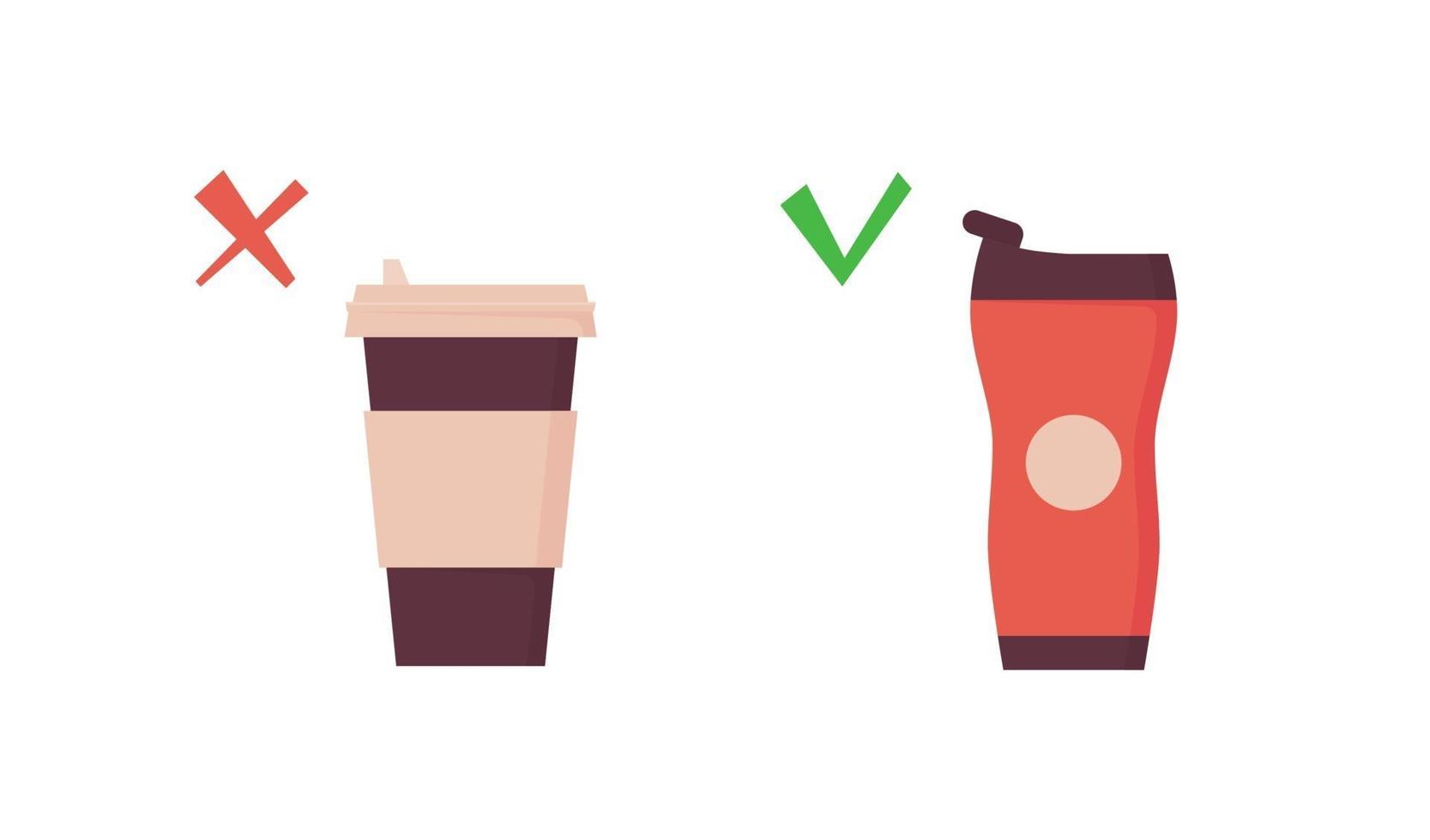 Reusable tumbler vs disposable cup. Takeaway coffee mug vector