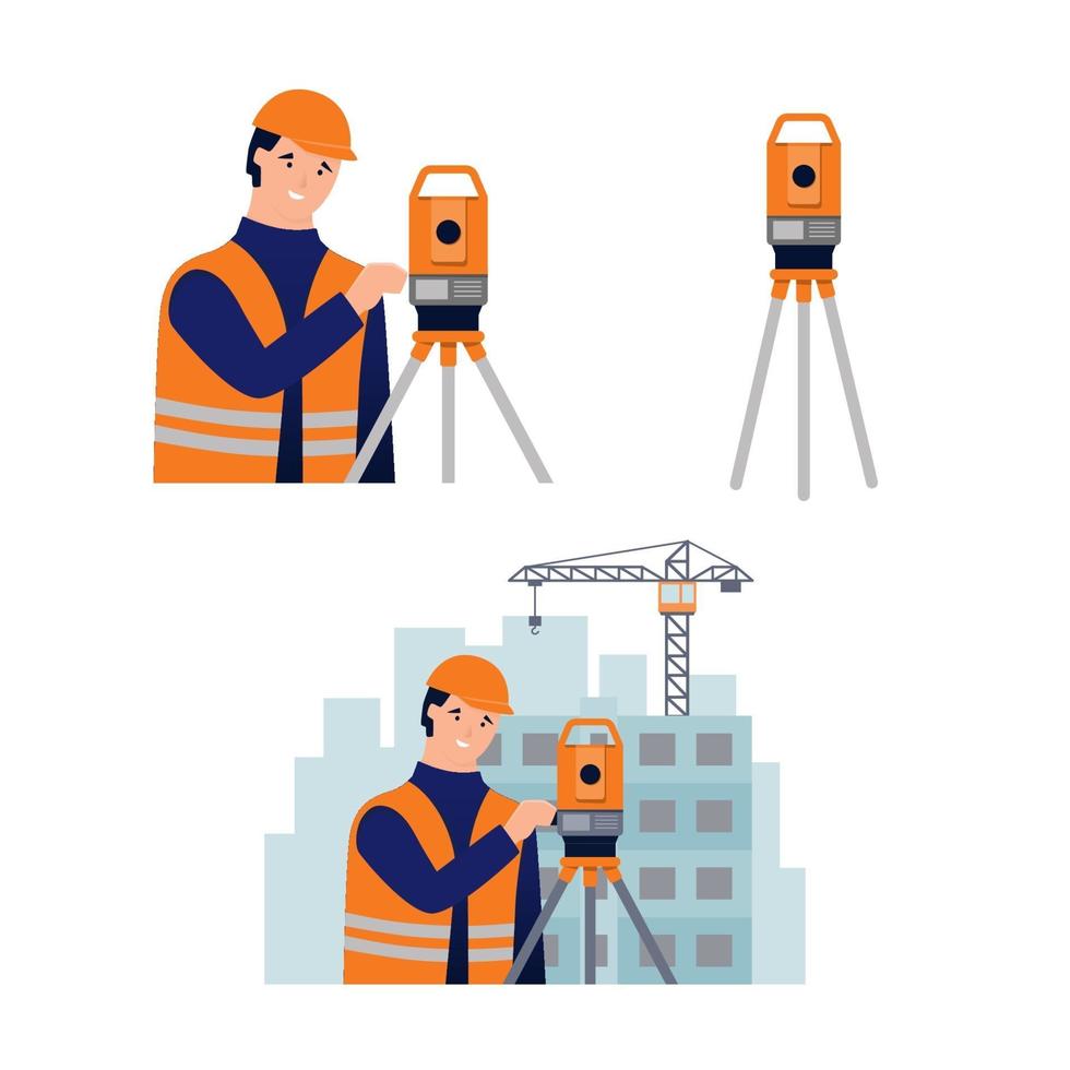 Surveyor, cadastral engineer, cartographer and theodolite. vector