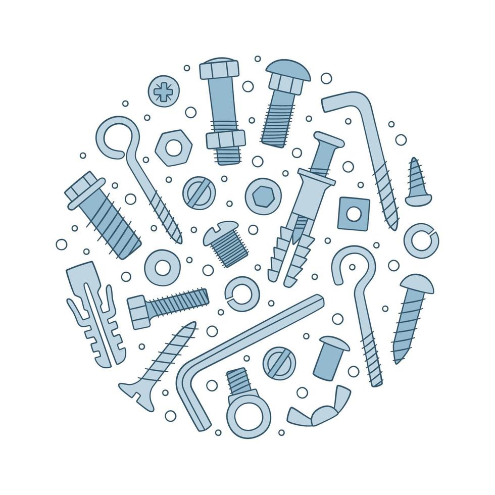 Set of fasteners. Bolts, screws, nuts, dowel and rivet in doodle style vector