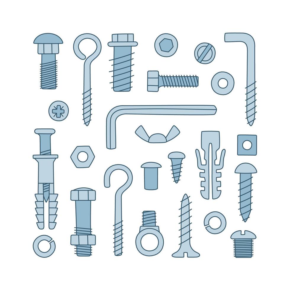 Set of fasteners. Bolts, screws, nuts, dowels and rivet vector