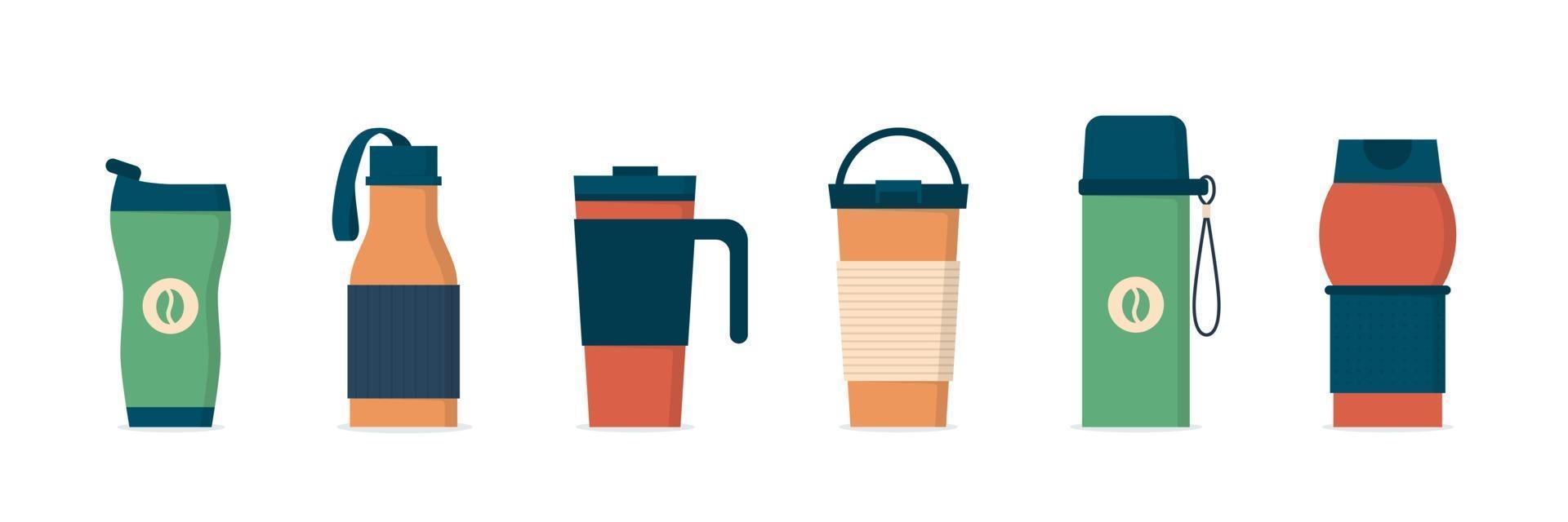 Tumblers with cover, travel thermo mugs, reusable cups for hot drinks vector