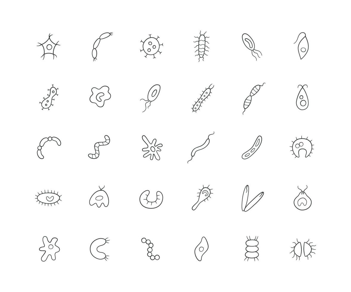 Microbes, virus, bacterias and pathogen line icons set. vector