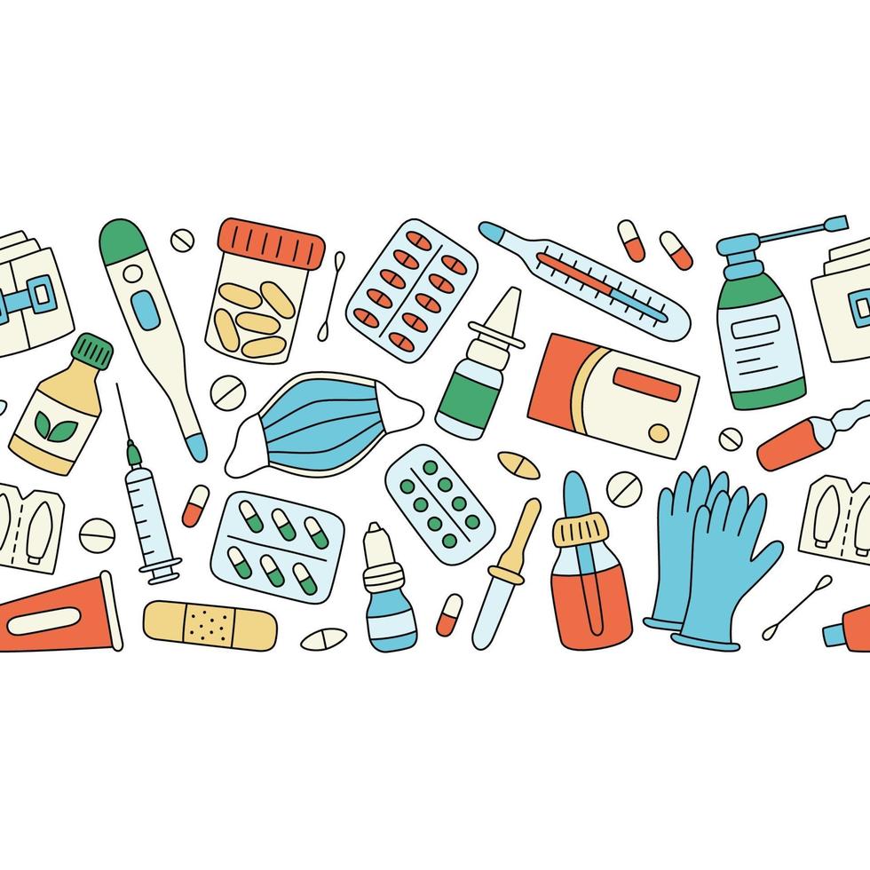 Meds, drugs, pills, bottles. Color seamless pattern vector