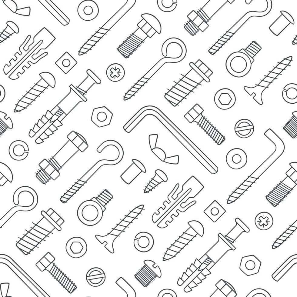 Seamless pattern of fasteners. Bolts, screws, nuts, dowels and rivets vector