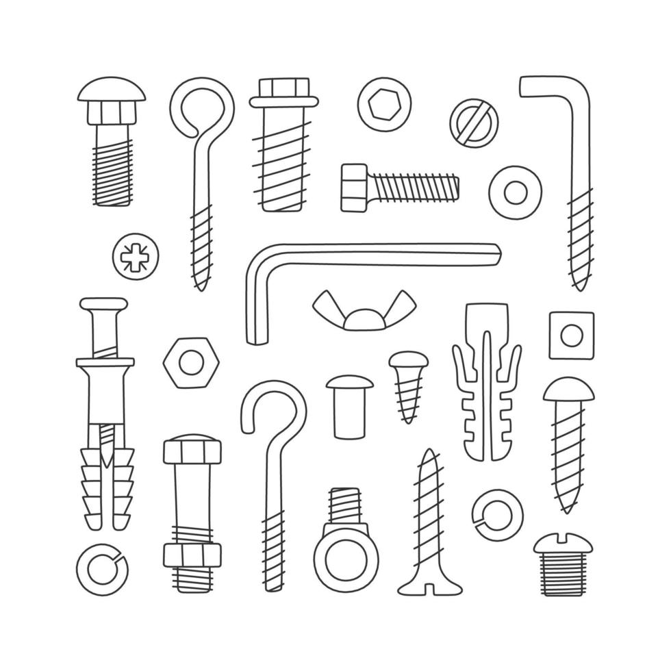 Set of fasteners. Bolts, screws, nuts, dowels and rivets vector