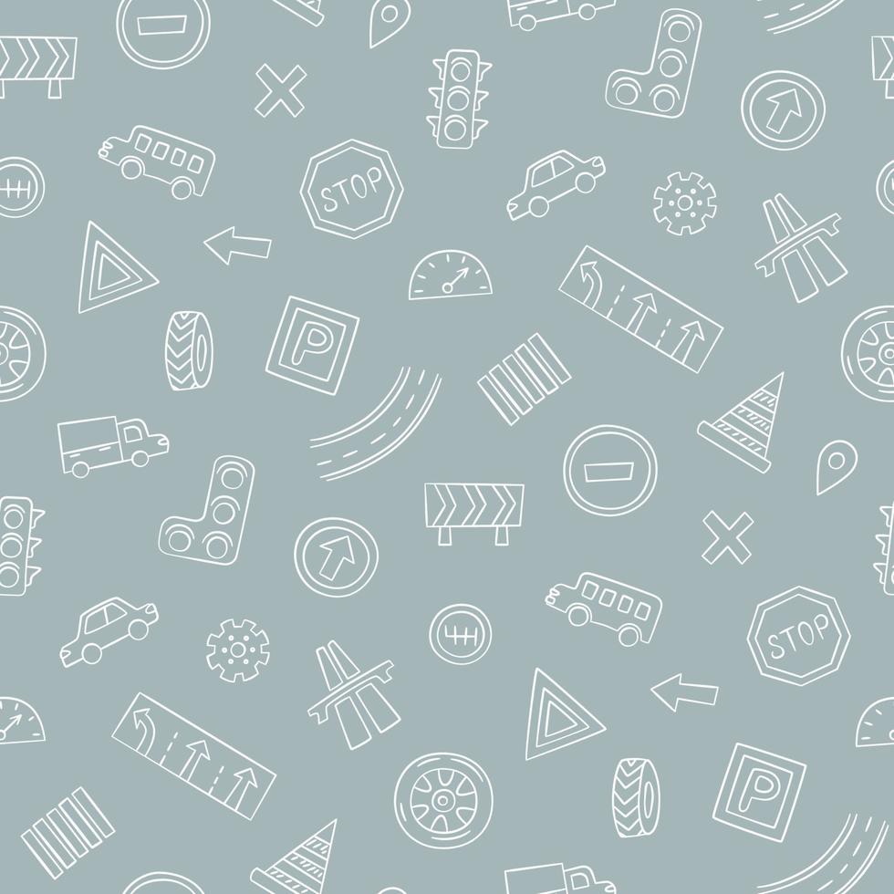 Doodle seamless pattern with cars, road signs, markings vector