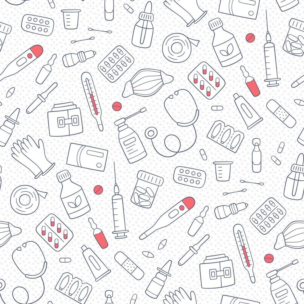 Seamless doodle pattern with medications, drugs, pills, bottles vector