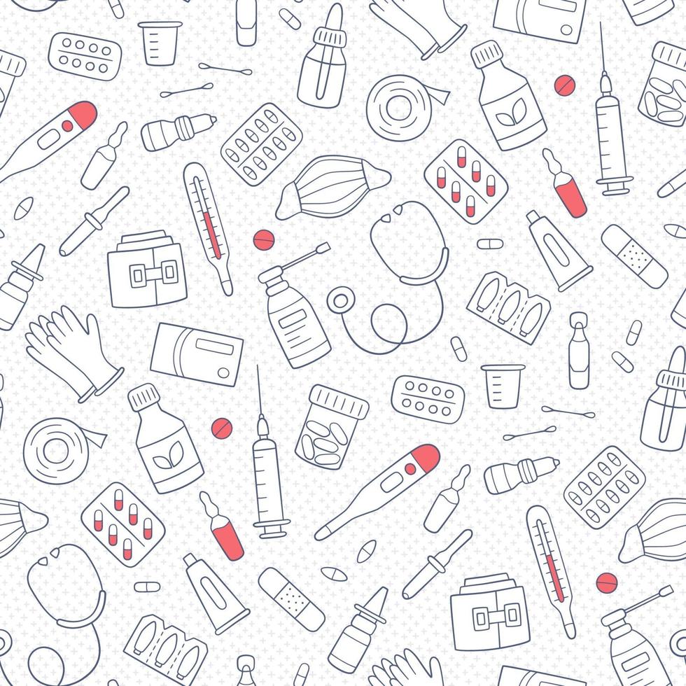 Seamless doodle pattern with medications, drugs, pills, bottles vector