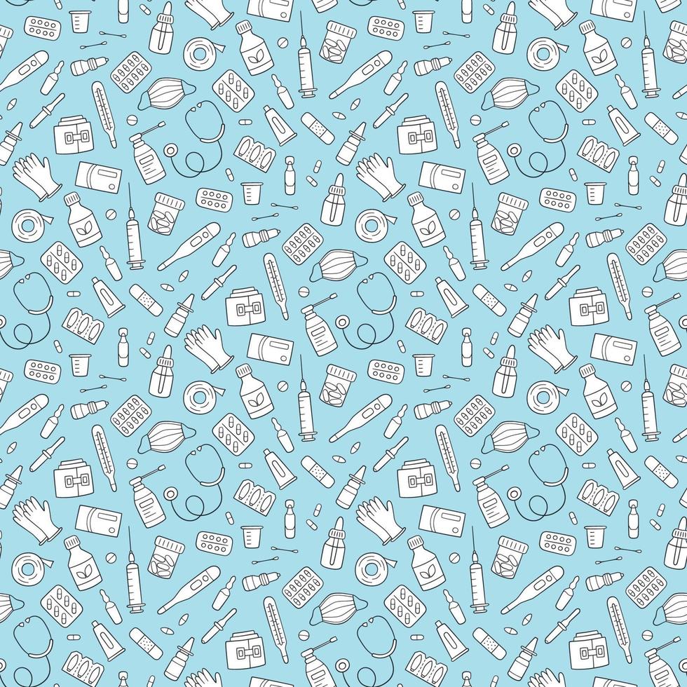 patrón de doodle sin fisuras con medicamentos, drogas, píldoras, botellas vector