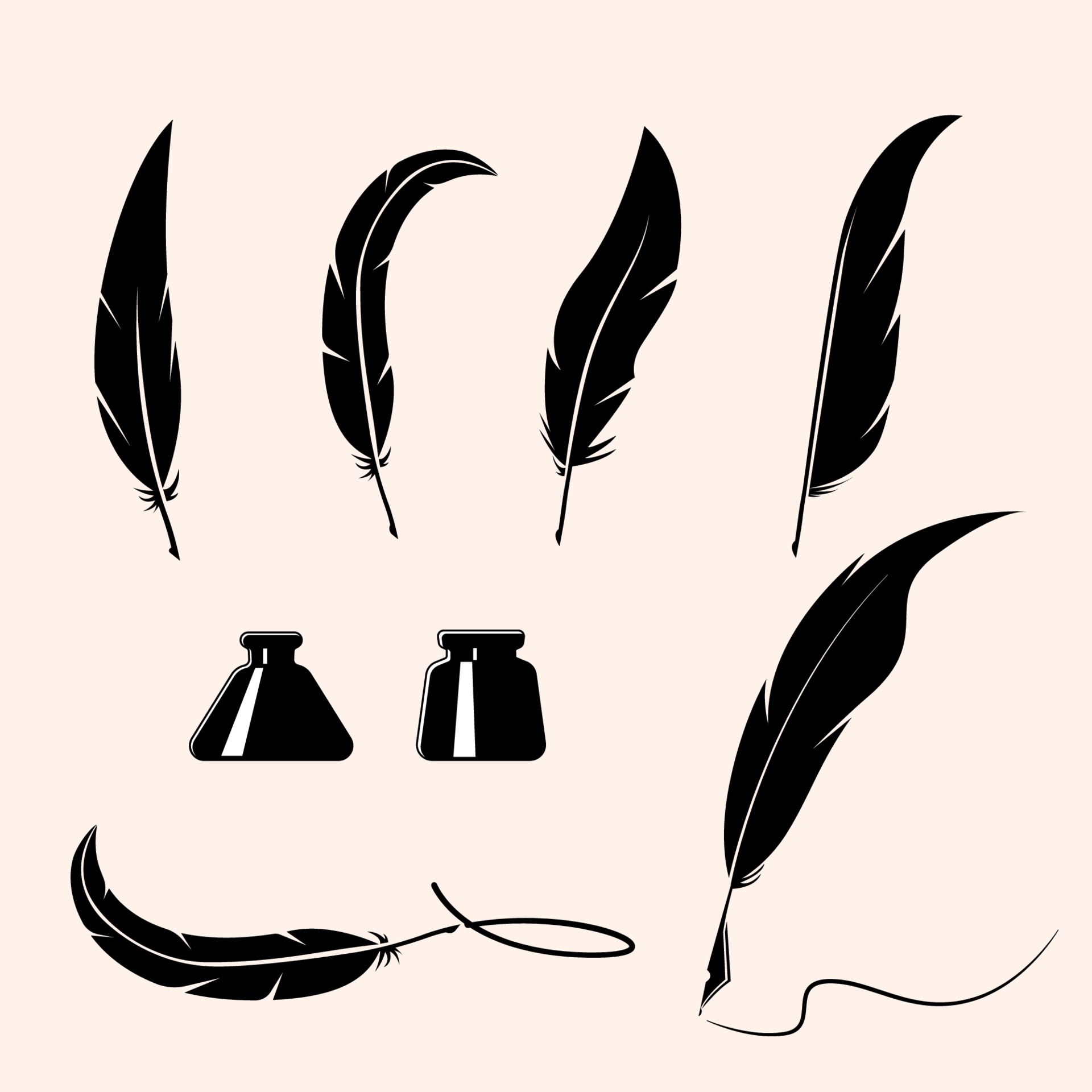 Ink quill, feathers Silhouette Vector Set 3076857 Vector Art at Vecteezy