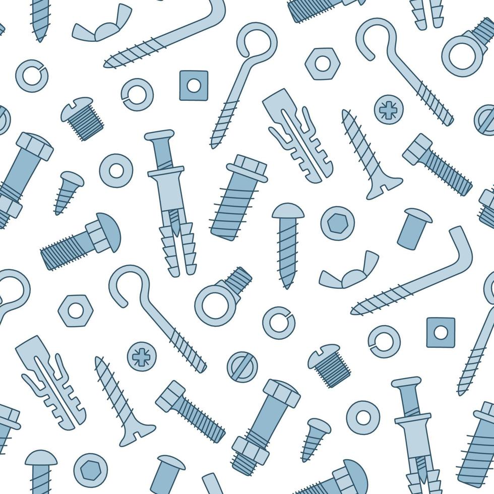 Seamless pattern of fasteners. Bolts, screws, nuts, dowels and rivets vector