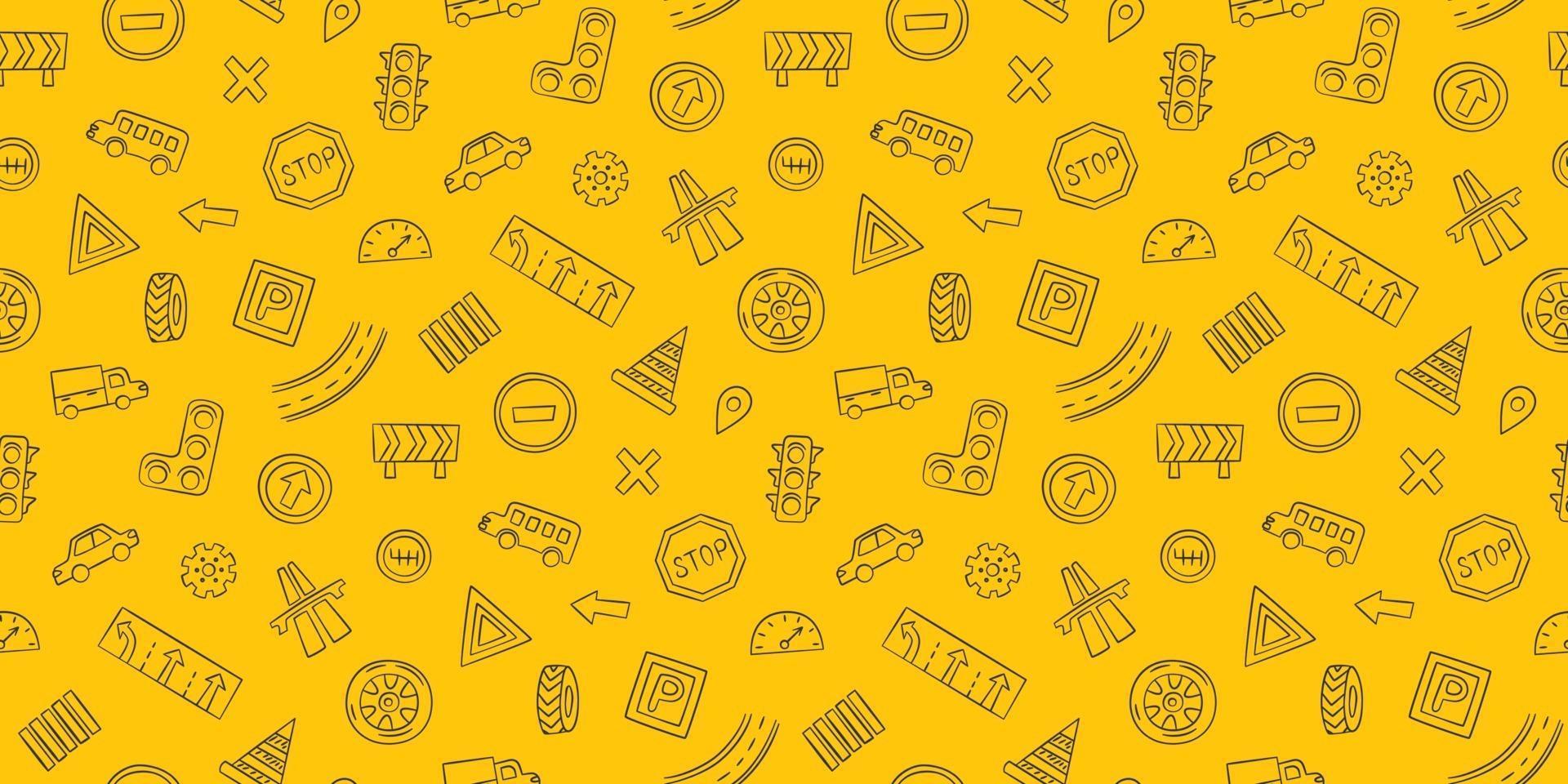 Doodle seamless pattern with cars, road signs, markings vector