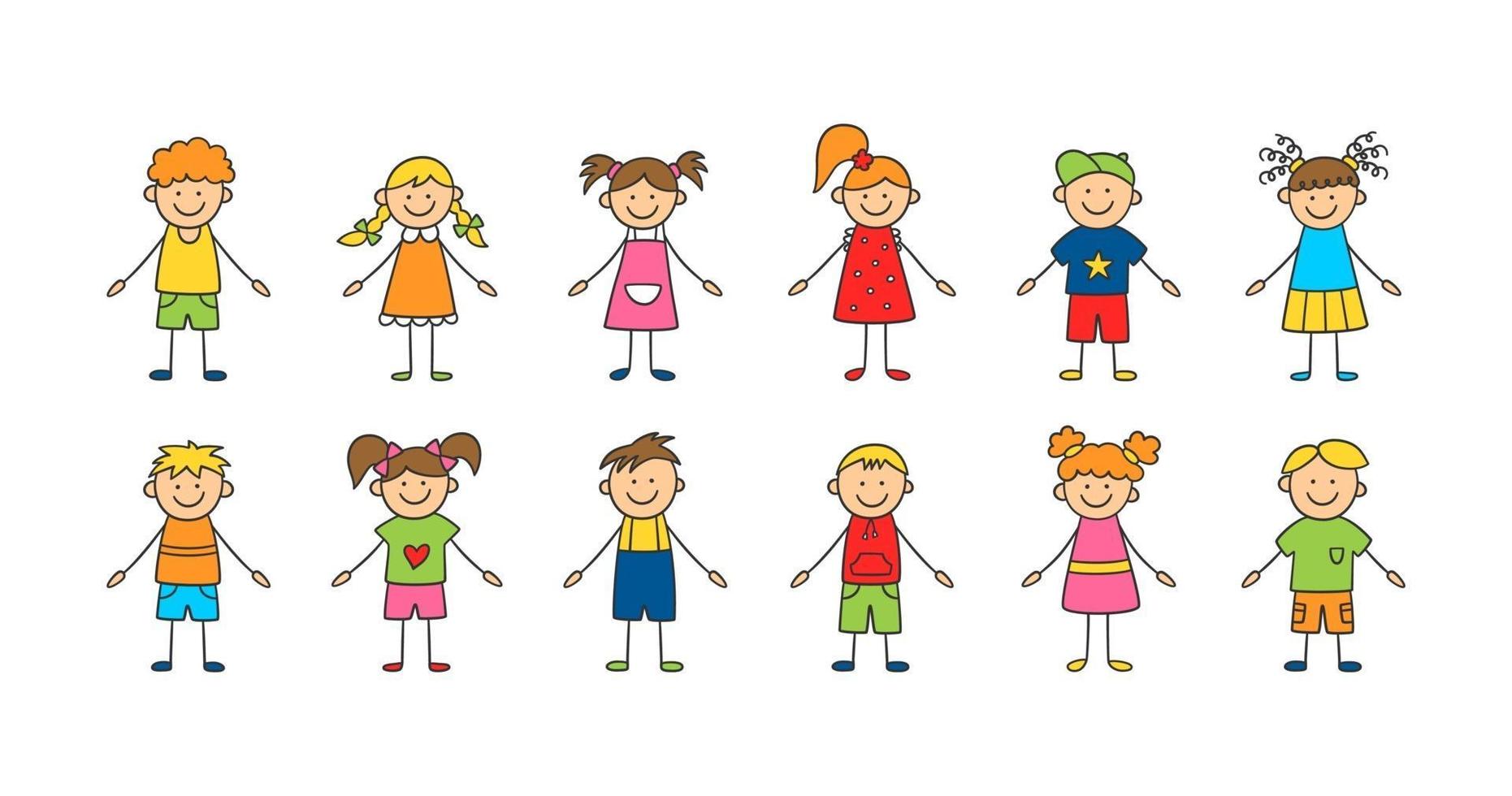 Set of funny children. Happy cute doodle kids vector