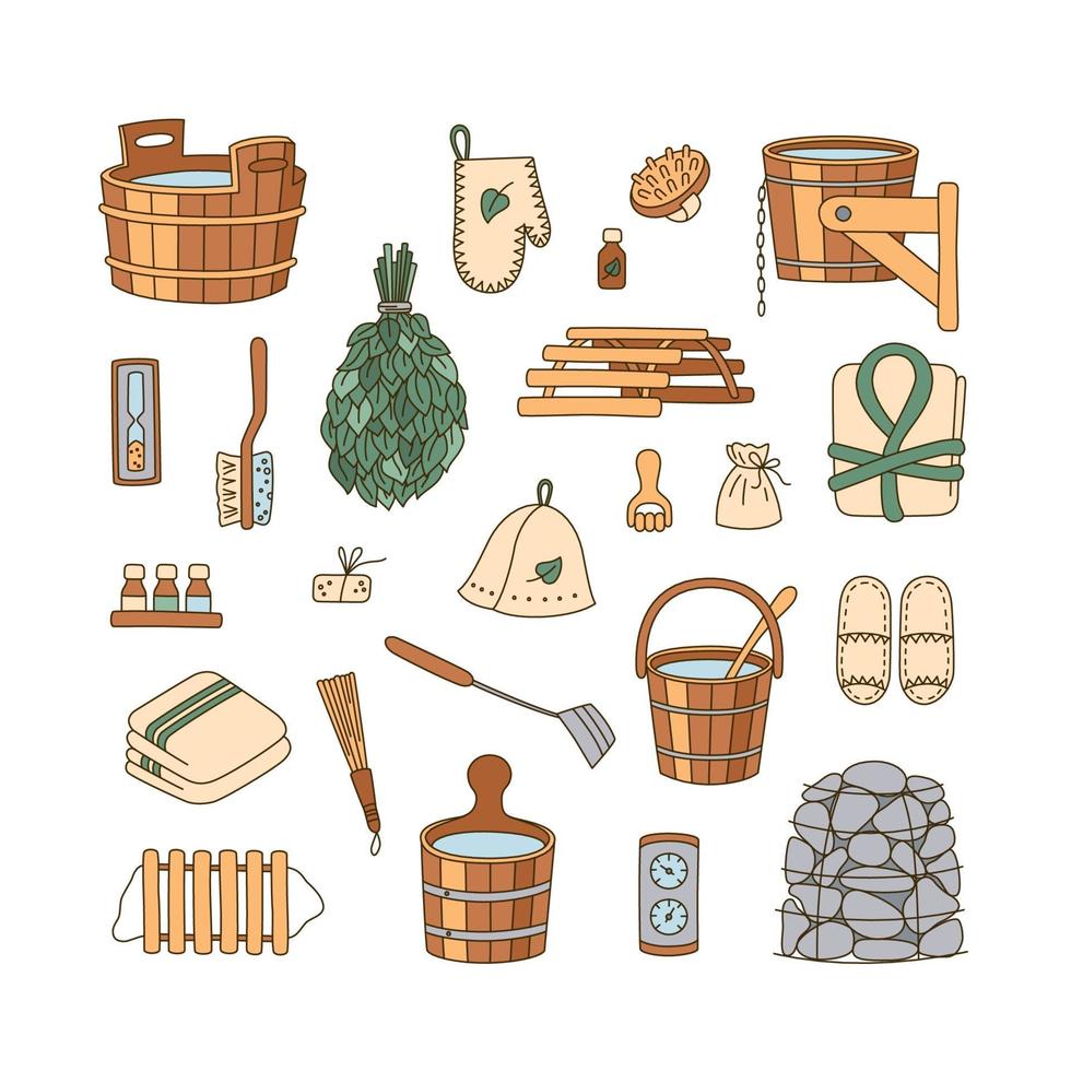 Sauna accessories - washer, broom, tub, bucket, towel and other. vector
