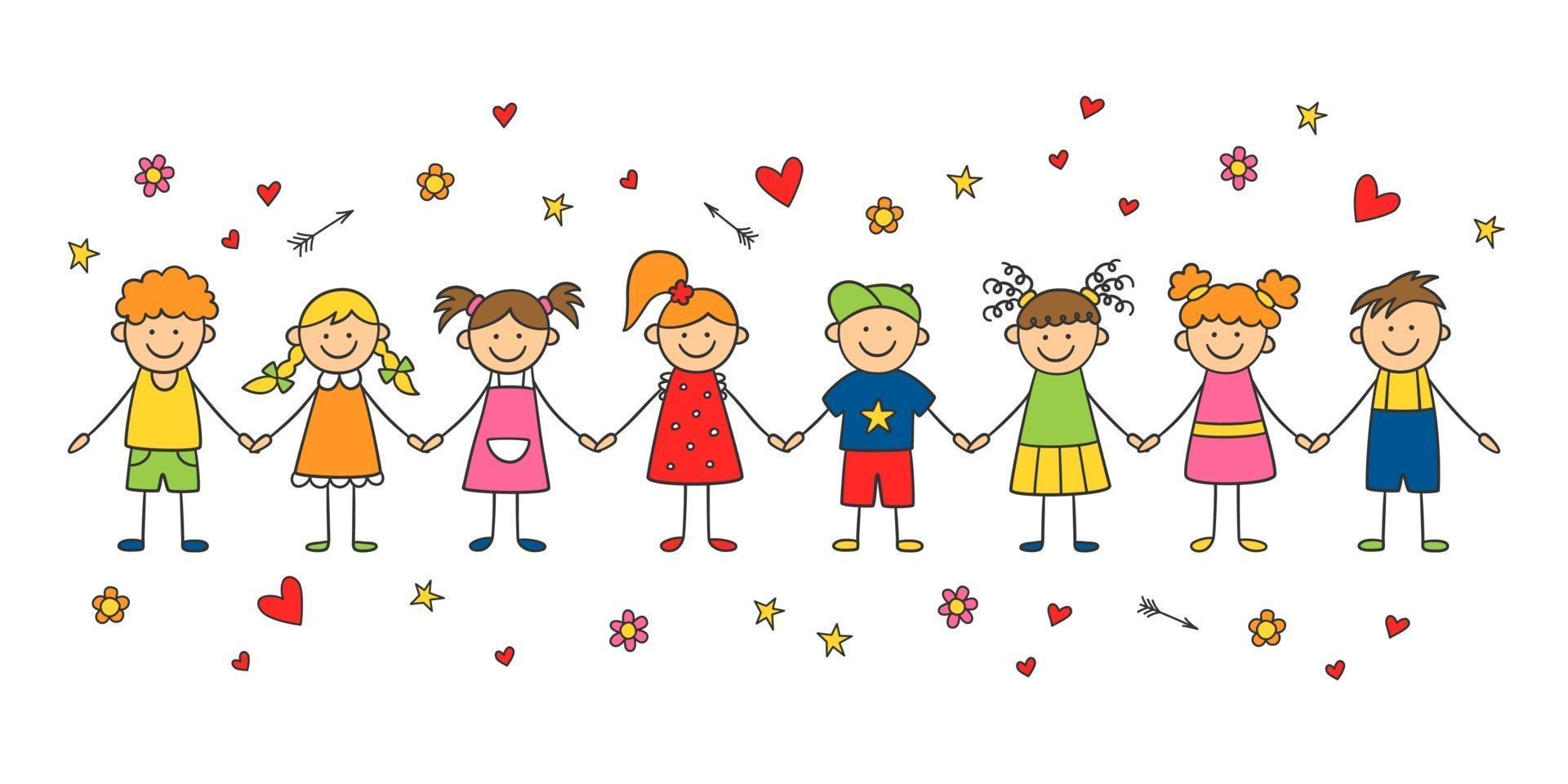 Group of funny kids holding hands. Happy cute doodle children vector