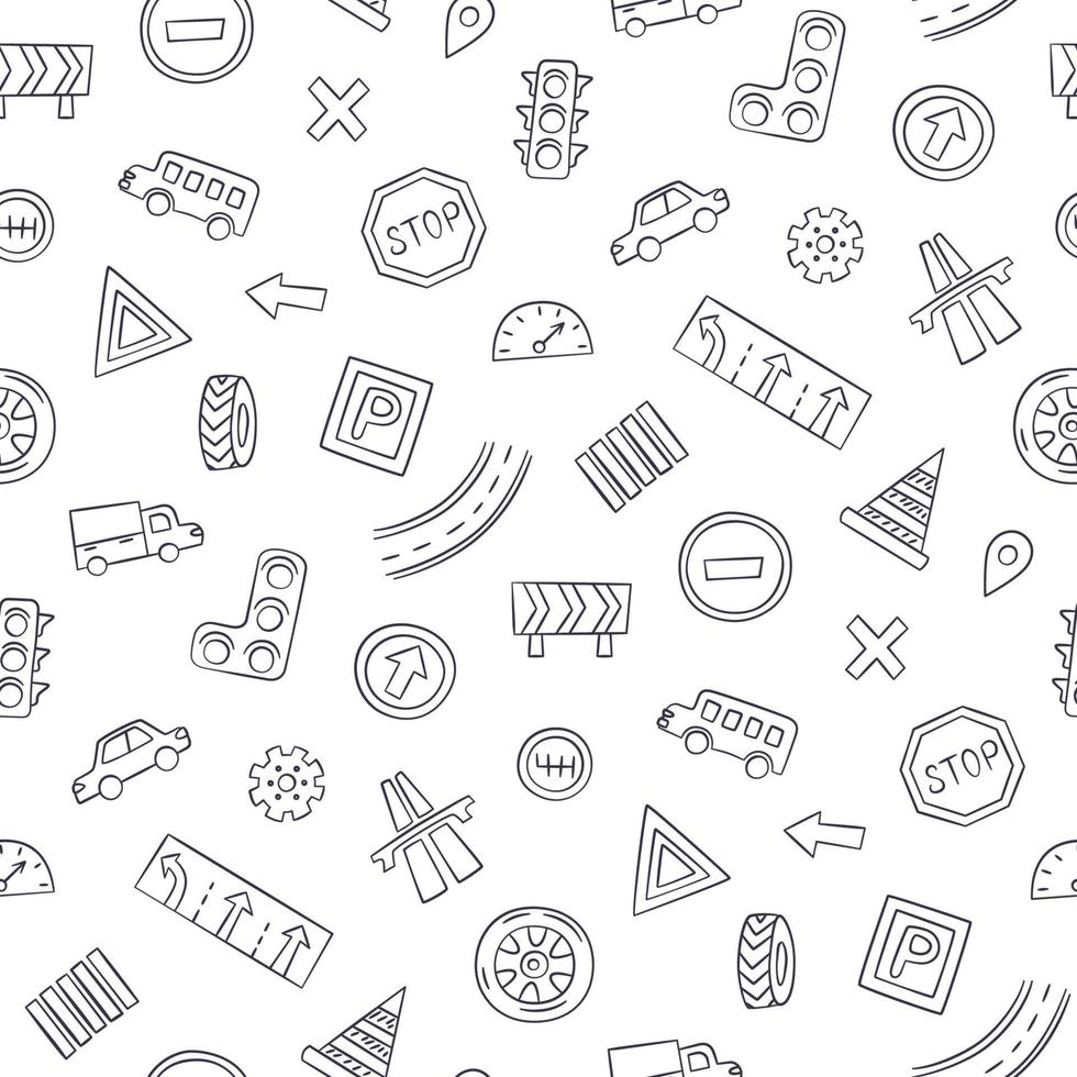 Doodle seamless pattern with cars, road signs, markings vector