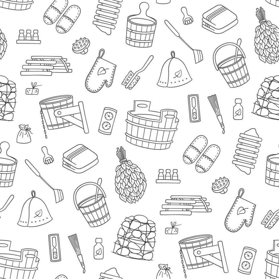 Sauna and Bathhouse accessories seamless pattern. vector