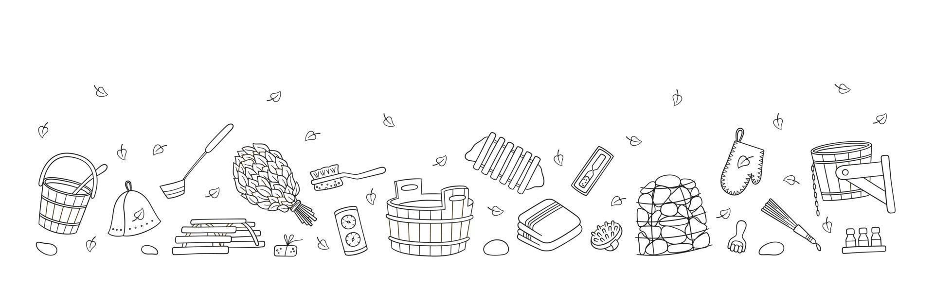 Flyer with hand drawn bathhouse and sauna accessories. vector