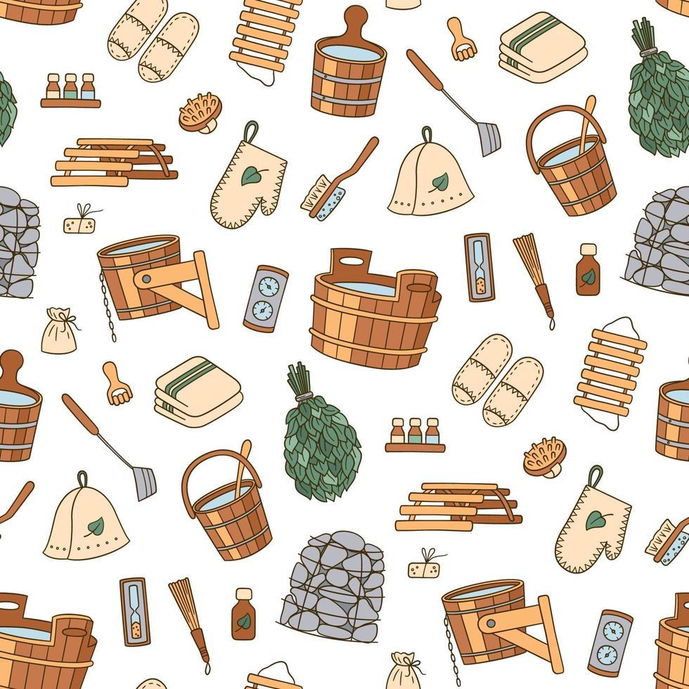 Sauna and Bathhouse accessories. Hand drawn seamless pattern. vector