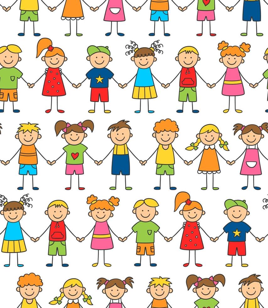 Seamless pattern of funny kids holding hands. Friendship concept. vector