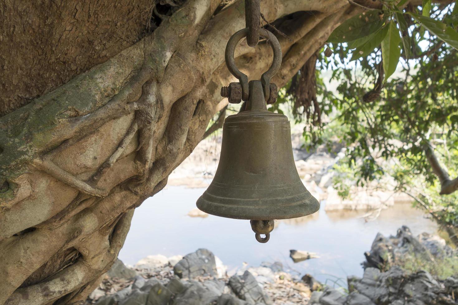 The brass bell hanging on the tree above the Hindu altar in the woods photo