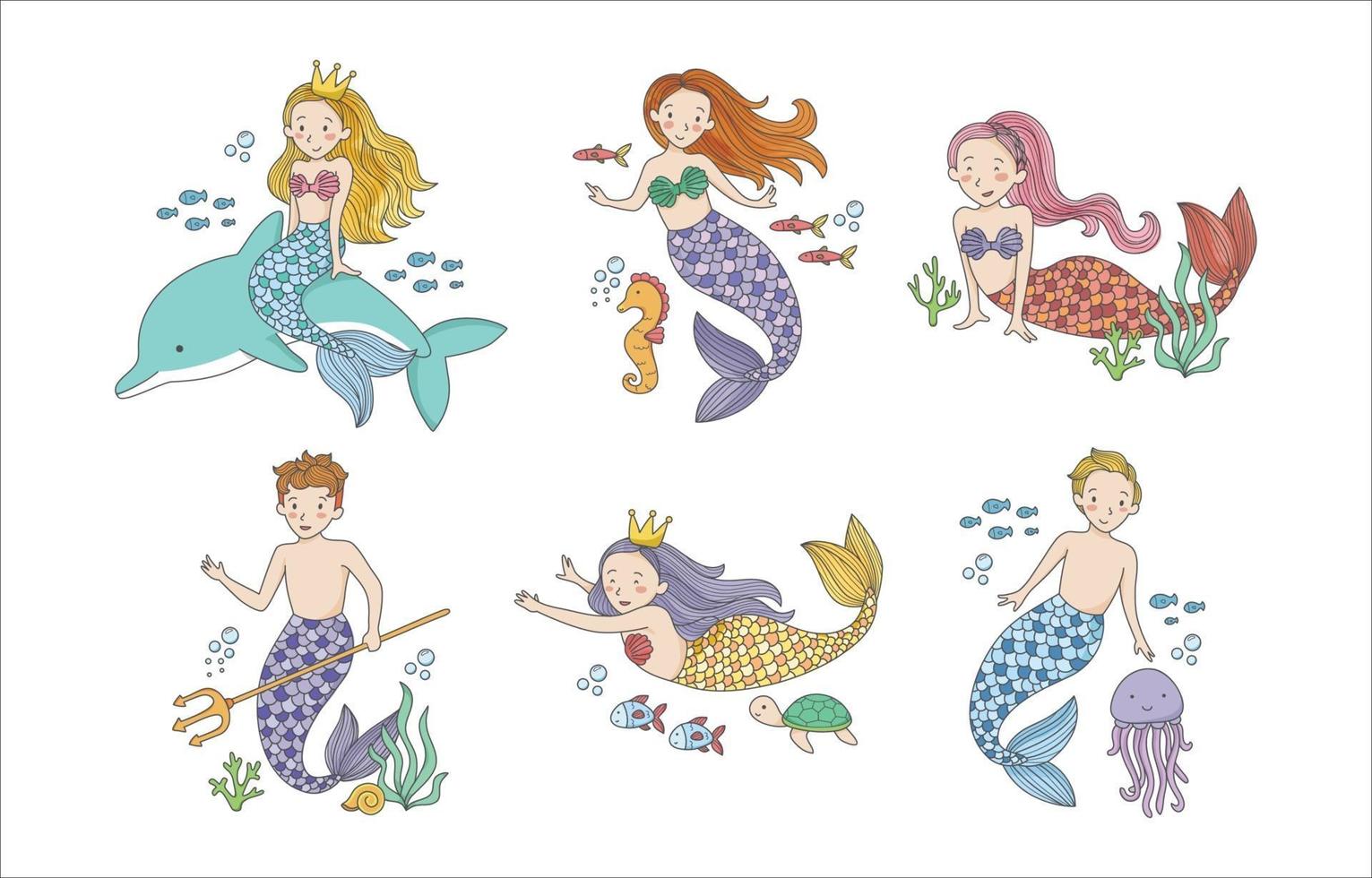 Cute Mermaid and Merman Collection vector