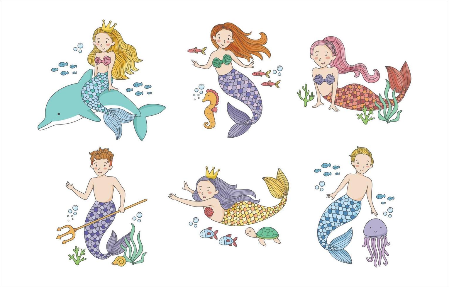 Cute Mermaid and Merman Collection vector