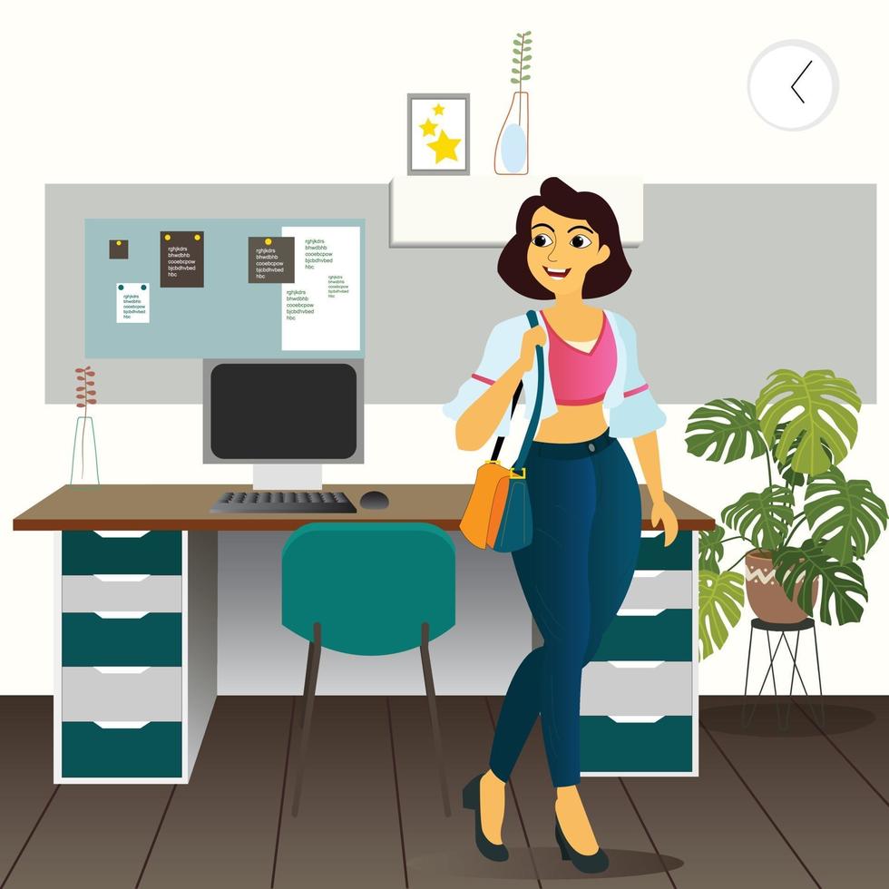 diseño de dibujos animados de mujer trabajadora de pie felizmente en su  oficina. 3077182 Vector en Vecteezy