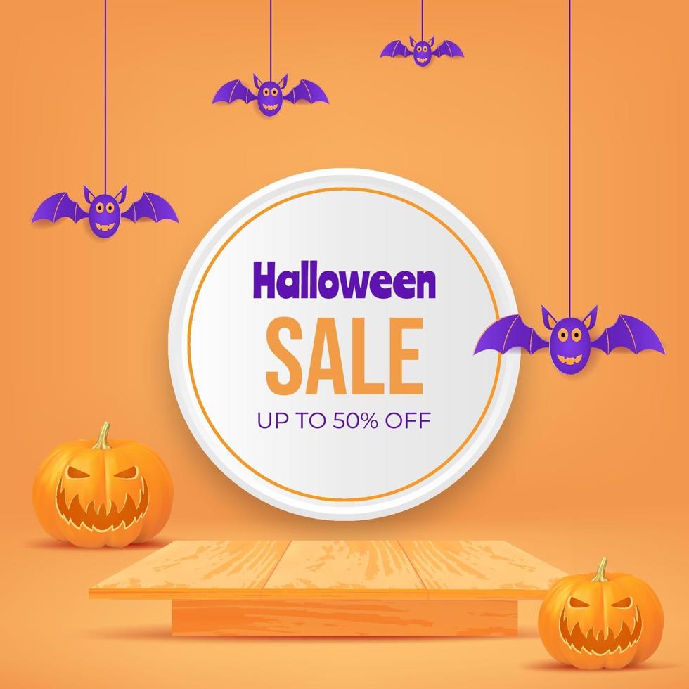 3d halloween sale design with pumpkin, wooden table. vector