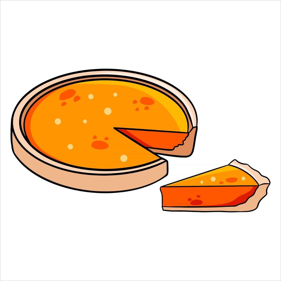 productos de panadería. apetitosa tarta de calabaza con un trozo de tarta cortado. vector