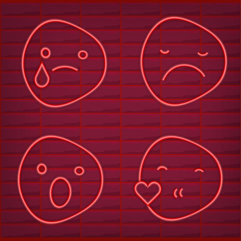 Set of Red emoticon light neon effect emoji smiley glow isolated vector