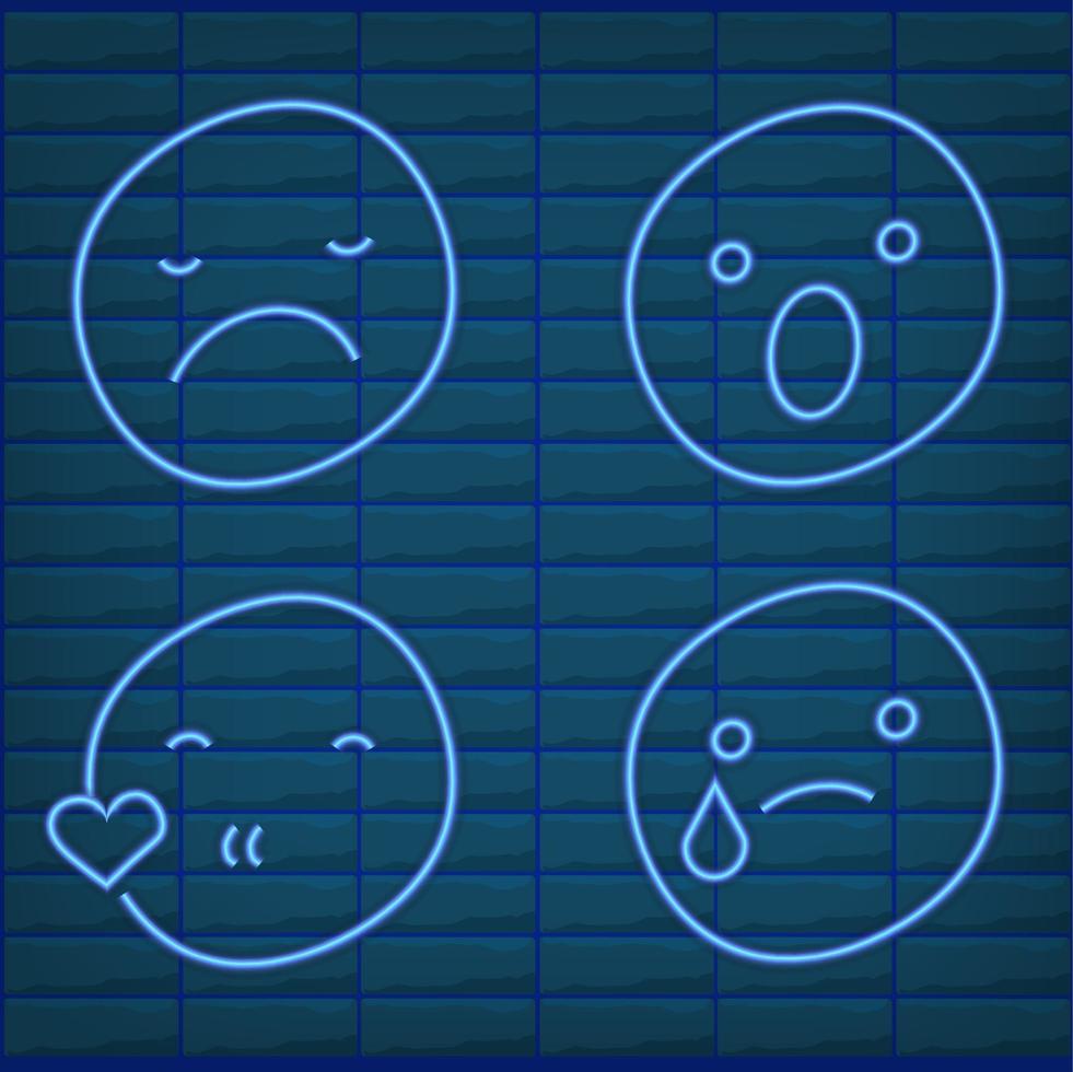 Set of blue emoticon light neon effect emoji lamp glow isolated vector