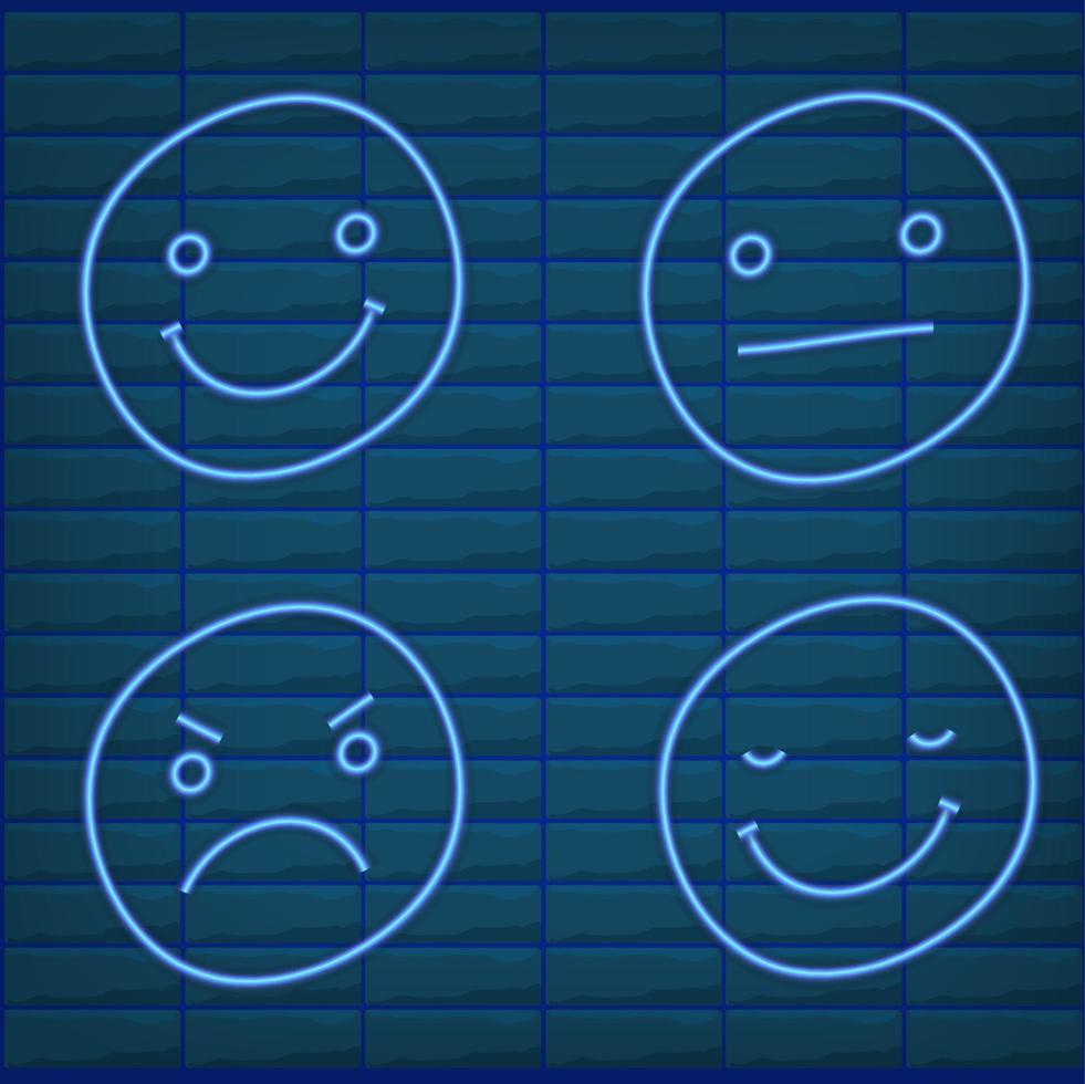 conjunto de emoticon azul luz efecto neón emoji lámpara resplandor aislado vector