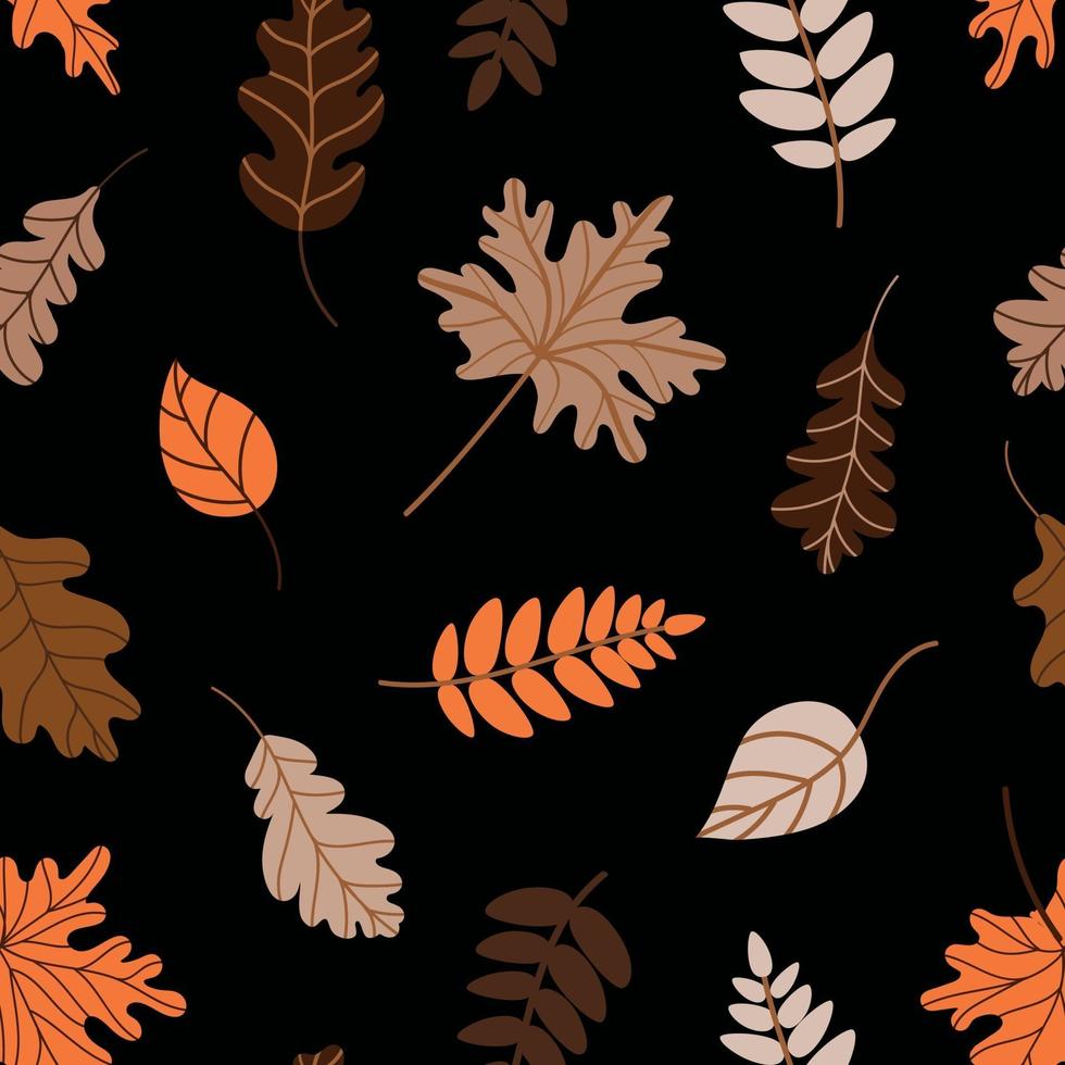 Seamless pattern of assorted withered leaves on dark green background vector