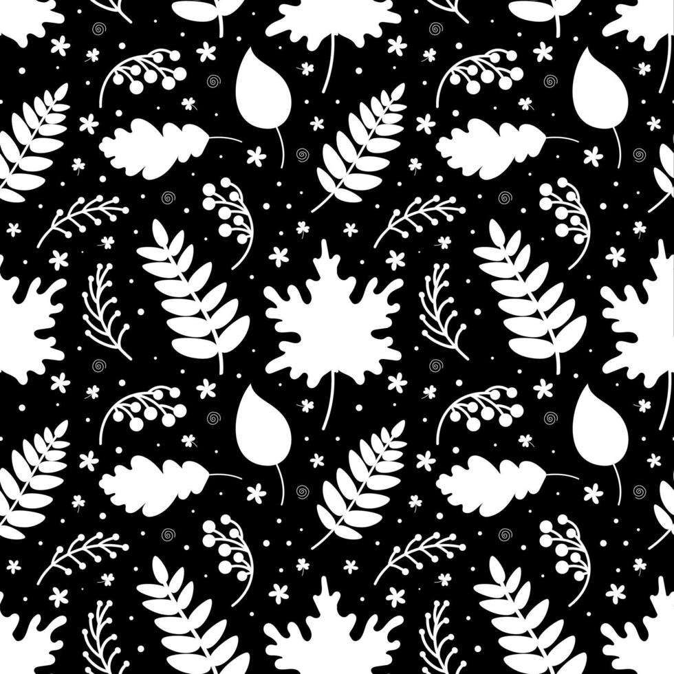 patrón sin fisuras de hojas blancas y bayas sobre un fondo negro vector