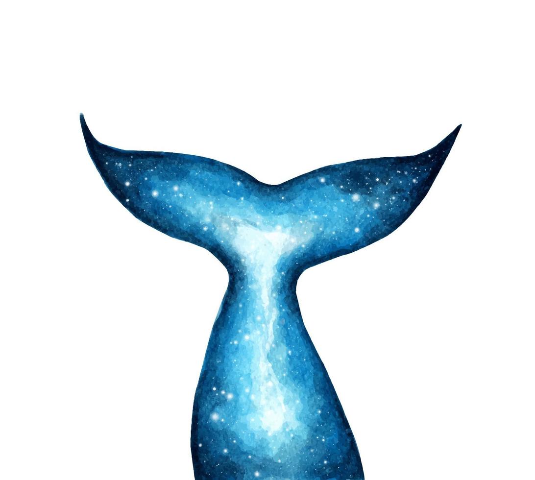 Silhouette of whale tail, Fish tail with galaxy watercolor effect. vector