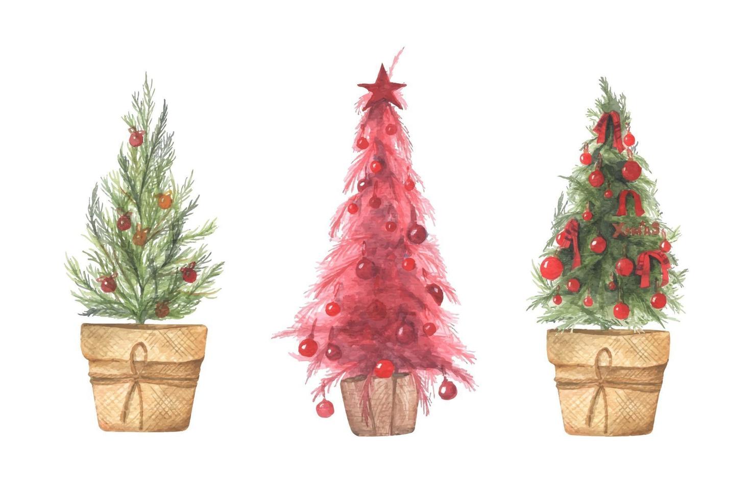 Watercolor illustration set of Christmas trees in pots. vector