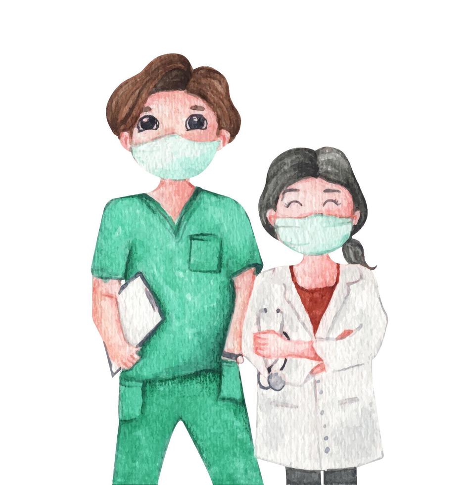 Doctor wearing medical mask. Watercolor illustration. vector