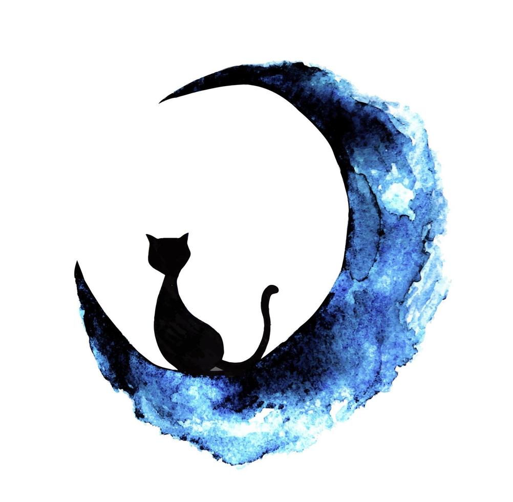 Watercolor painting of black cat sitting on the moon. vector