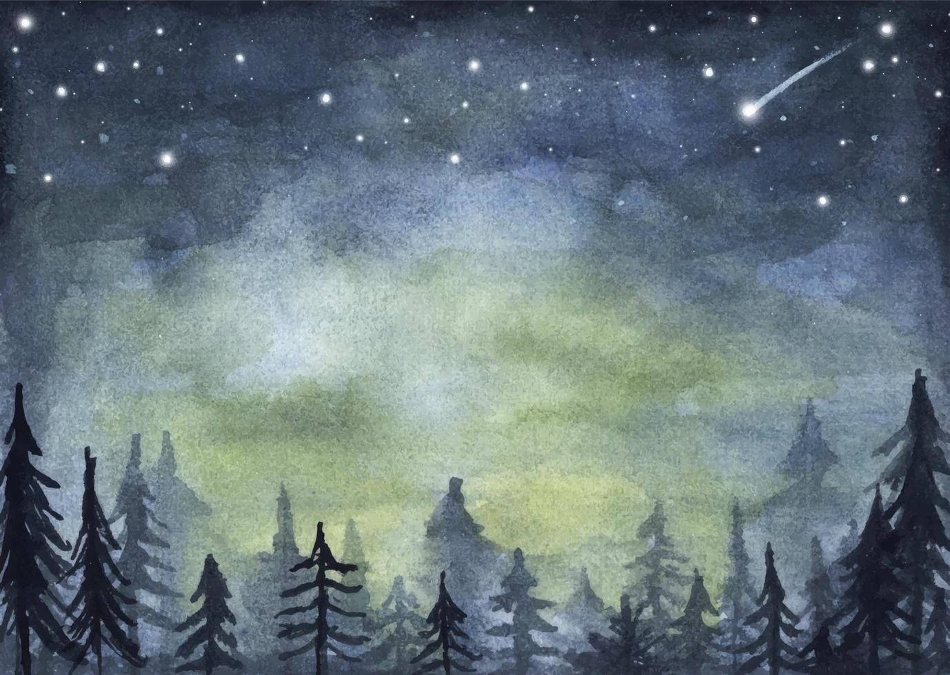 Peaceful spruce forest under night sky full of stars.  Watercolor. vector