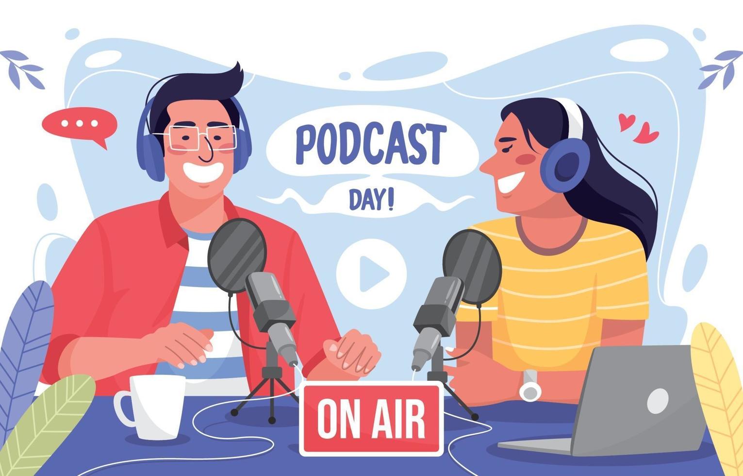 hombre y mujer hablando en un podcast vector