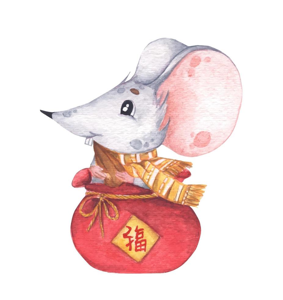 Mouse sitting in red bag with sunflower seed. Watercolor illustration. vector